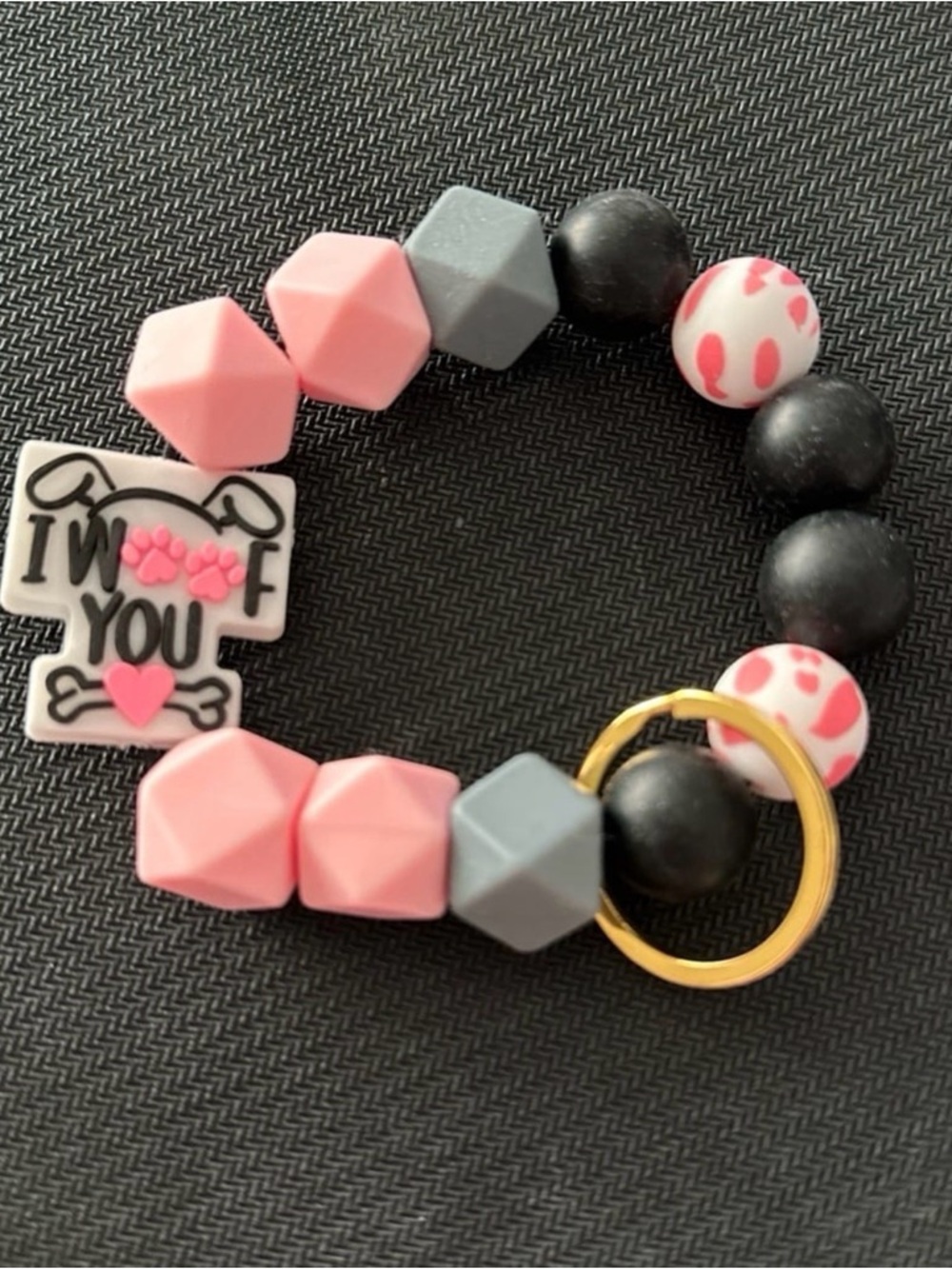 Pink & Black Puppy Charm Beaded Keyring Bracelet